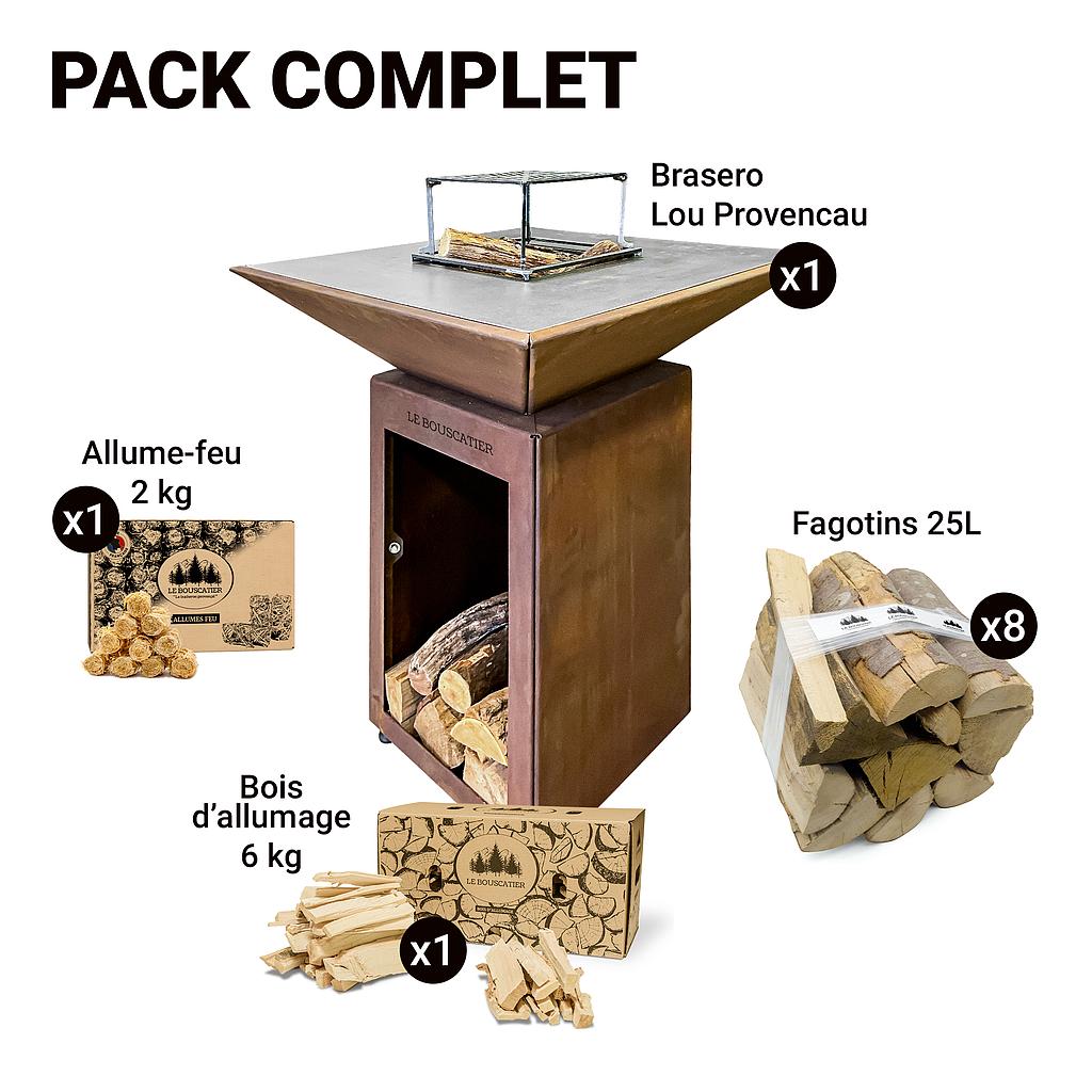 Pack Lou provençau - Brasero plancha en acier corten avec rangement bûches - grille et stop food inclus 