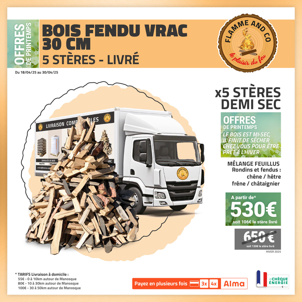 Stères de bois 30cm fendu vrac livrés