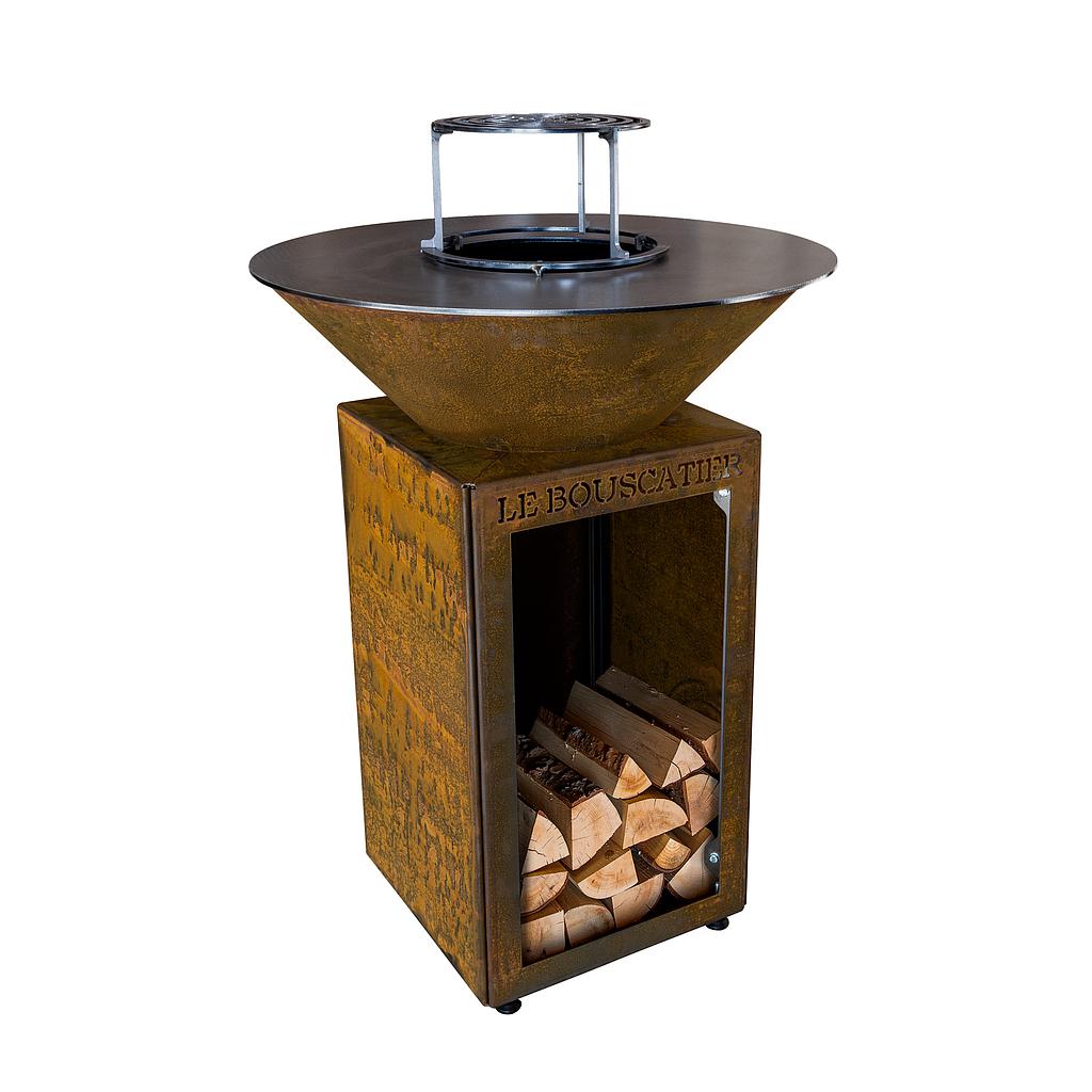 Lou provençau rond diam 62cm - Brasero plancha en acier corten avec rangement bûches - grille et stop food inclus