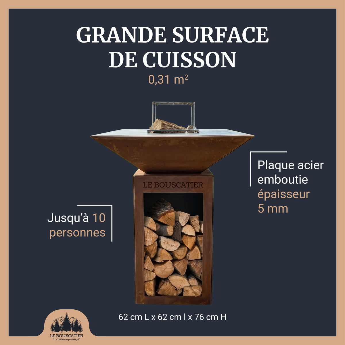 Lou provençau carré - Brasero plancha en acier corten - Le Bouscatier