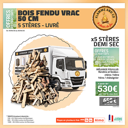 Stères de bois 50cm fendus vrac livrés