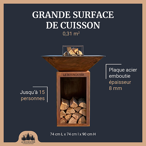 Lou Bouscarian - Brasero plancha avec Rangement bûches en acier corten- Grille et stop food inclus