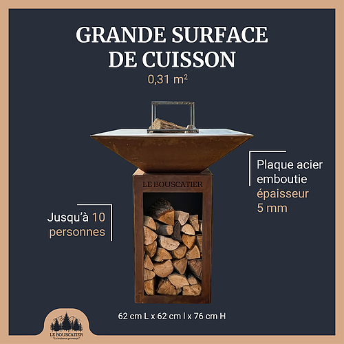 Lou provençau - Brasero plancha en acier corten avec rangement bûches - grille et stop food inclus