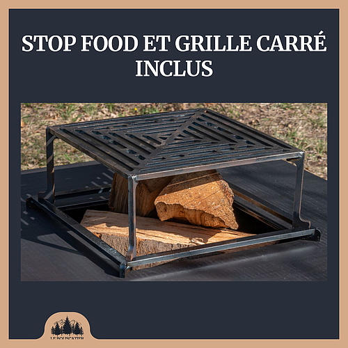 Lou provençau - Brasero plancha en acier corten avec rangement bûches - grille et stop food inclus