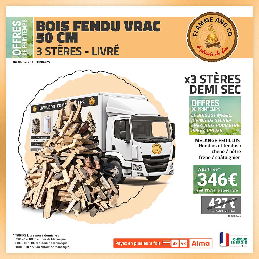 Stères de bois 50cm fendus vrac livrés